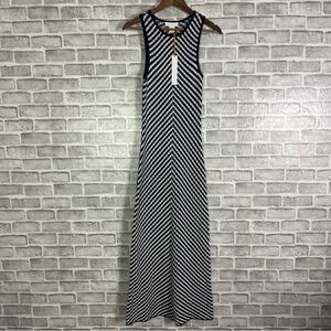 NWT House Of Harlow Navy Blue Asymmetrical Striped Sleeveless Knit Maxi Dress M
